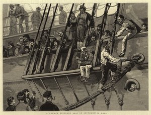 Een Duits emigrantenschip in de haven van Southampton